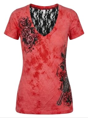 Archaic Affliction Womens Size Small V-Neck Tye Dye Gun Graphics Lace Back Panel